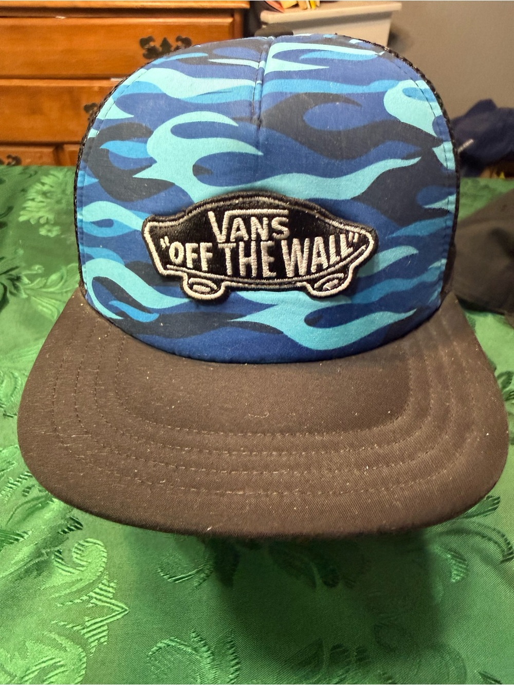 Vans Blue Flame Pattern Snapback Hat with Black Brim skater hat surfer hat.